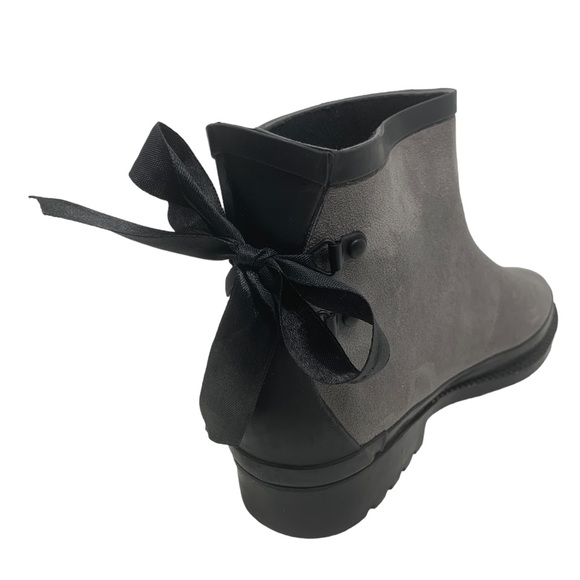 Gray Faux Suede Ankle Boots with Black Bow Detail Slip-On Style - Picture 7 of 7